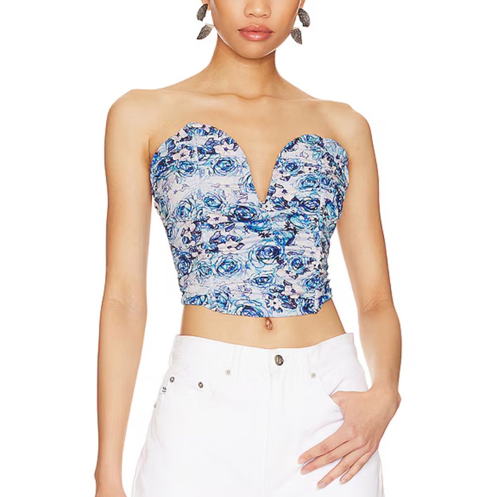 Revolve Ruched Corset Bodice Top in Blue Floral